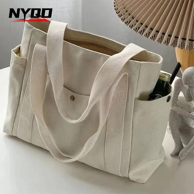 Large Capacity Canvas Women's Bag Student Handbag Shopping Multiple Outer Pockets Zipper Shoulder Bag Women Handbags