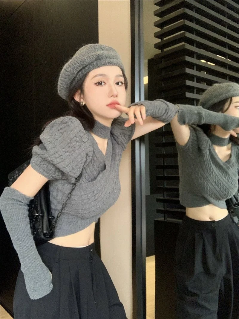 

Detachable Sleeve Knitted Sweater Women Fabric Fall Fringed Hem Horizontal Stripe Snap Buttons Preppy-Style School Uniform Daily