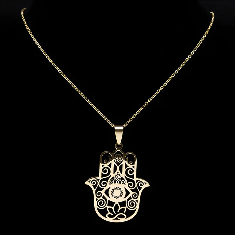 Hamsa Hand Muslims Judaism Hollow Necklace for Women Hand of Fatima Lotus Flower Stainless Steel Necklaces Jewelry Gift N8083S04