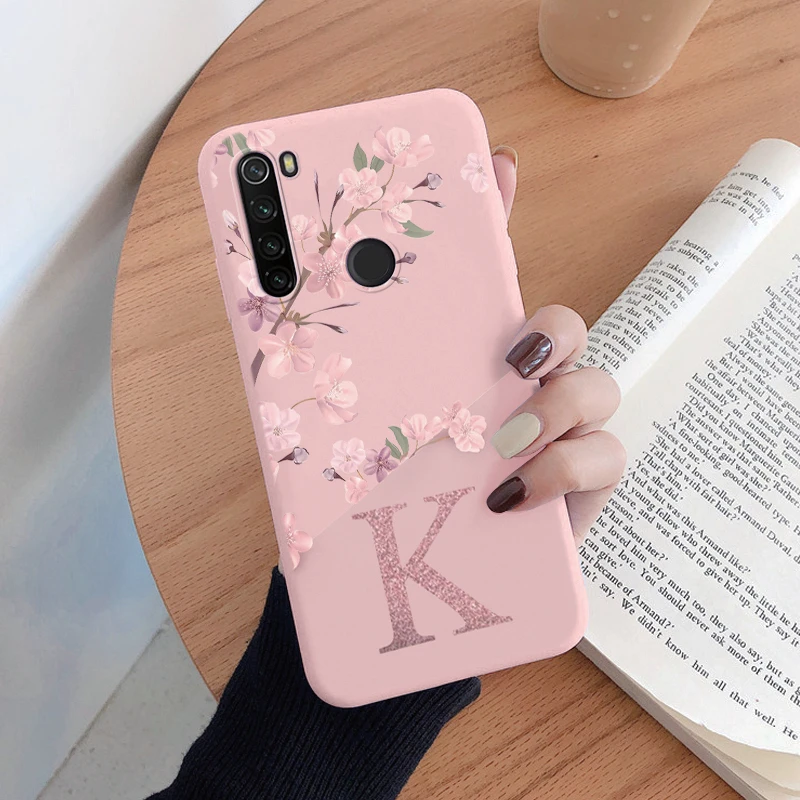 For Redmi Note 8 8T Phone Case Pink Flowers Initial Letter A To Z Silicone Soft Back Cover For Redmi Note8 8 T Coque Alphabet