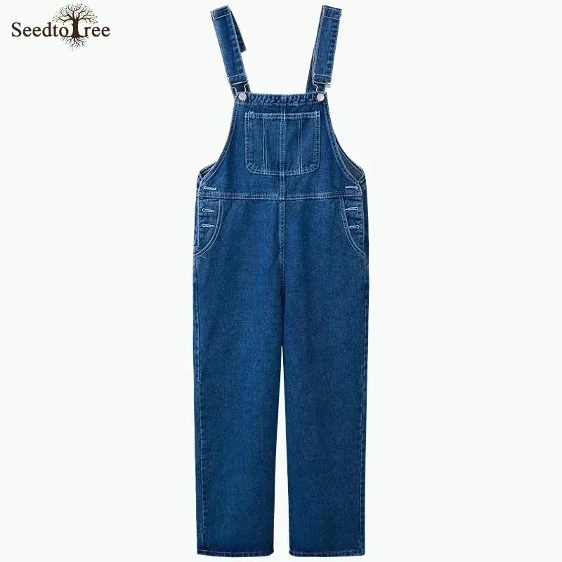 Korean Fashion Women\'s Jeans Men\'s Overalls Loose Straight Denim Jumpsuit Suspenders Pants Safari Style Cargo Pants