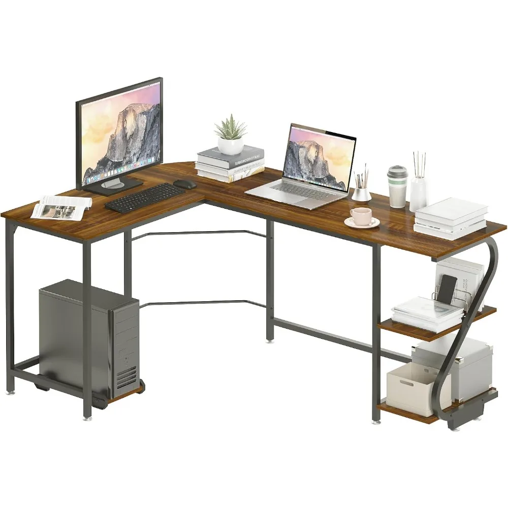 

Reversible L-Shaped Desk with Shelves Large Corner Gaming Computer Desks for Home Office Writing Workstation Wooden Table