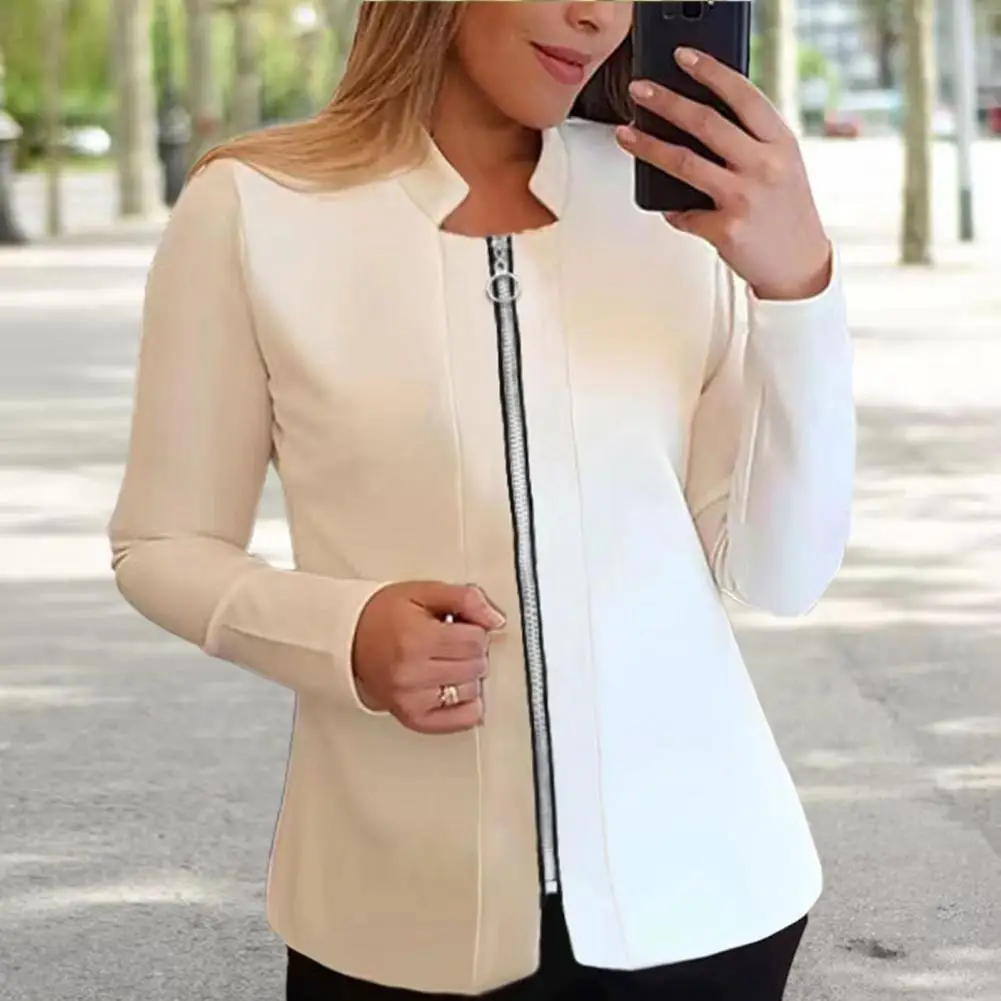 Fall Spring Coat Women Stand Collar Solid Color Zipper Closure Cardigan Loose Long Sleeve Formal Commute Style Suit Jacket 2023