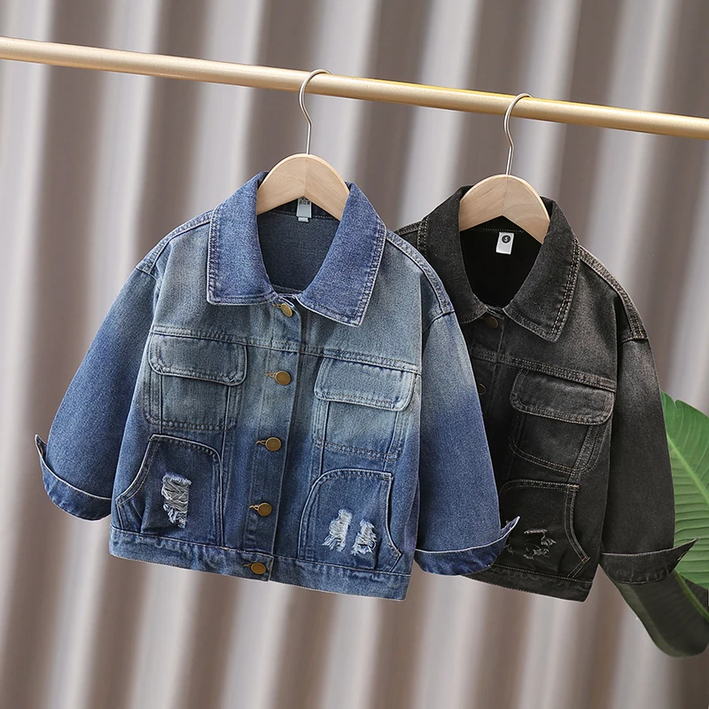 2 Colors Boys Gradient Washed Distressed Denim Jacket Ripped Lapel Button Cowboy Coat Street Outerwear for Kids 2-10 Years Old