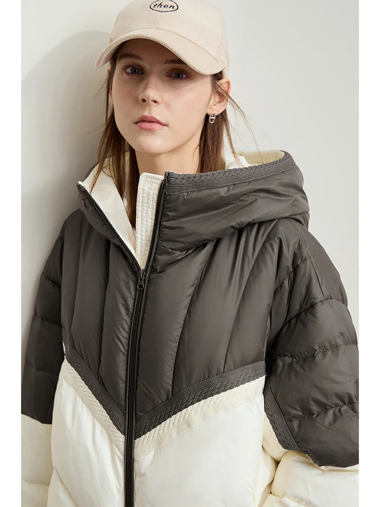 AMII Minimalism Down Jacket for Women 2025 Winter Contrast Color Patchwork Hooded Versatile Female Warm Long Overcoat 12444034