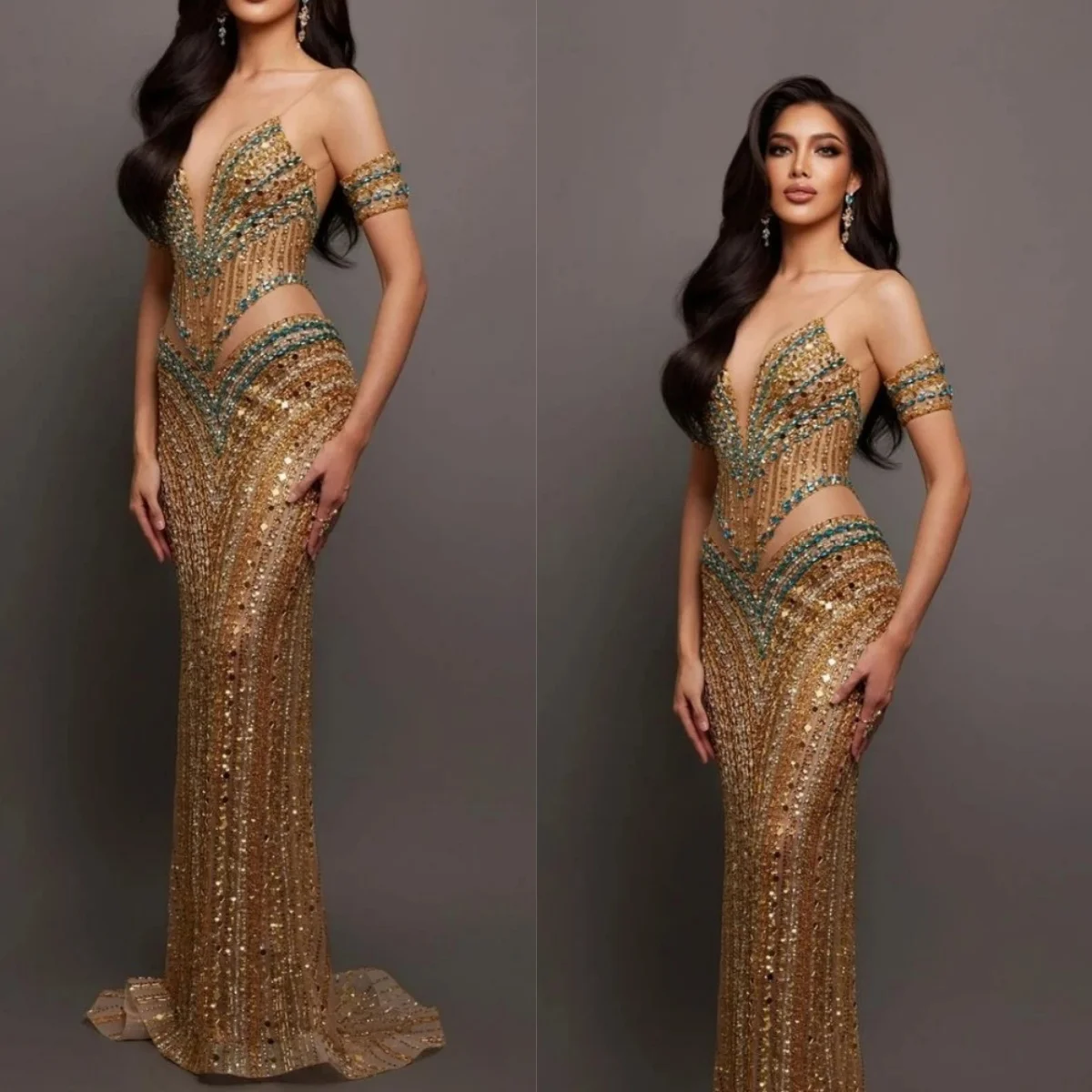 فساتين سهرة كلاسيكية مطرزة بأحجار الراين لامعة بدون أكمام فستان حورية البحر للحفلات الراقصة مخصص بطول الأرض كريستال للحفلات #1