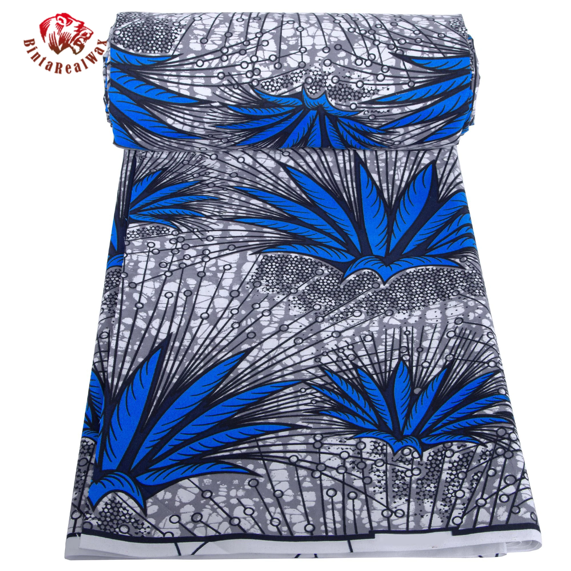 African Ankara Wax Print Fabric – Blue Floral Pattern with Gray Background,  for Dress, Skirt, Headwrap & DIY Sewing FP6704 view 4