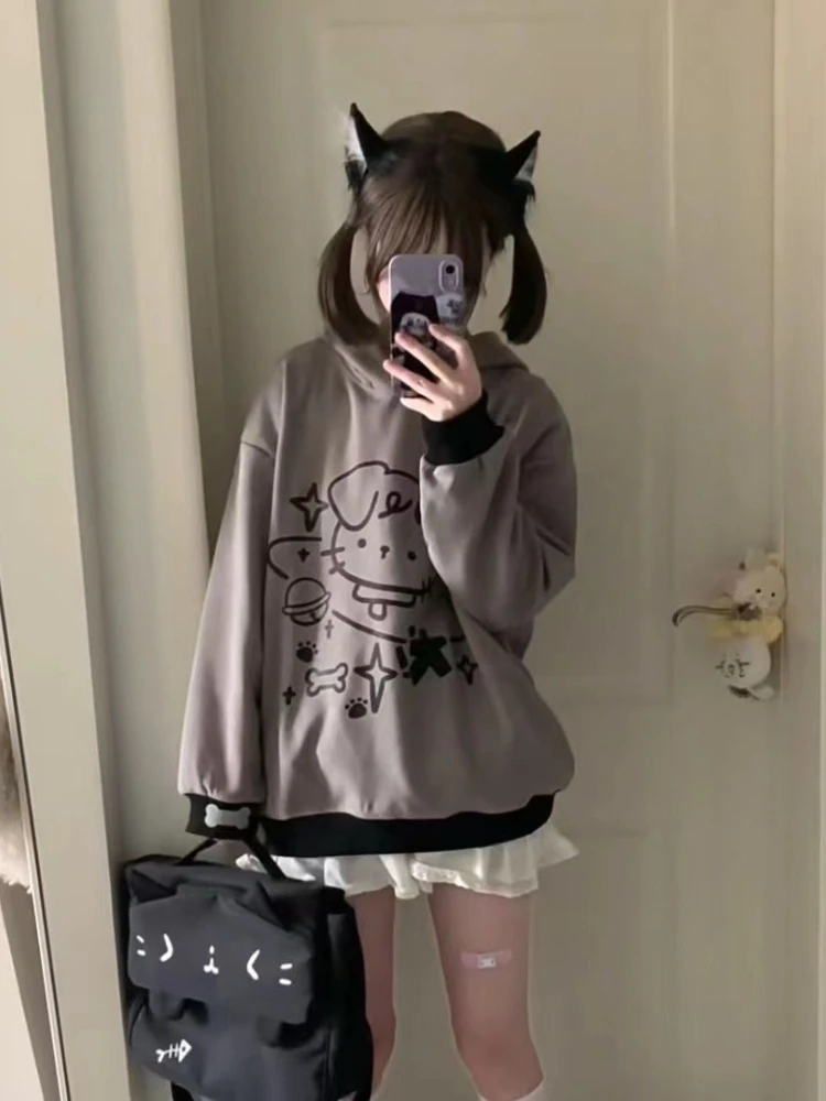 ADAgirl Japan Style Kawaii Ears Hoodies for Teen Girl Cutecore Dog Print Sweatshirt Hooded Women Autumn Winter Anime Alt Clothes