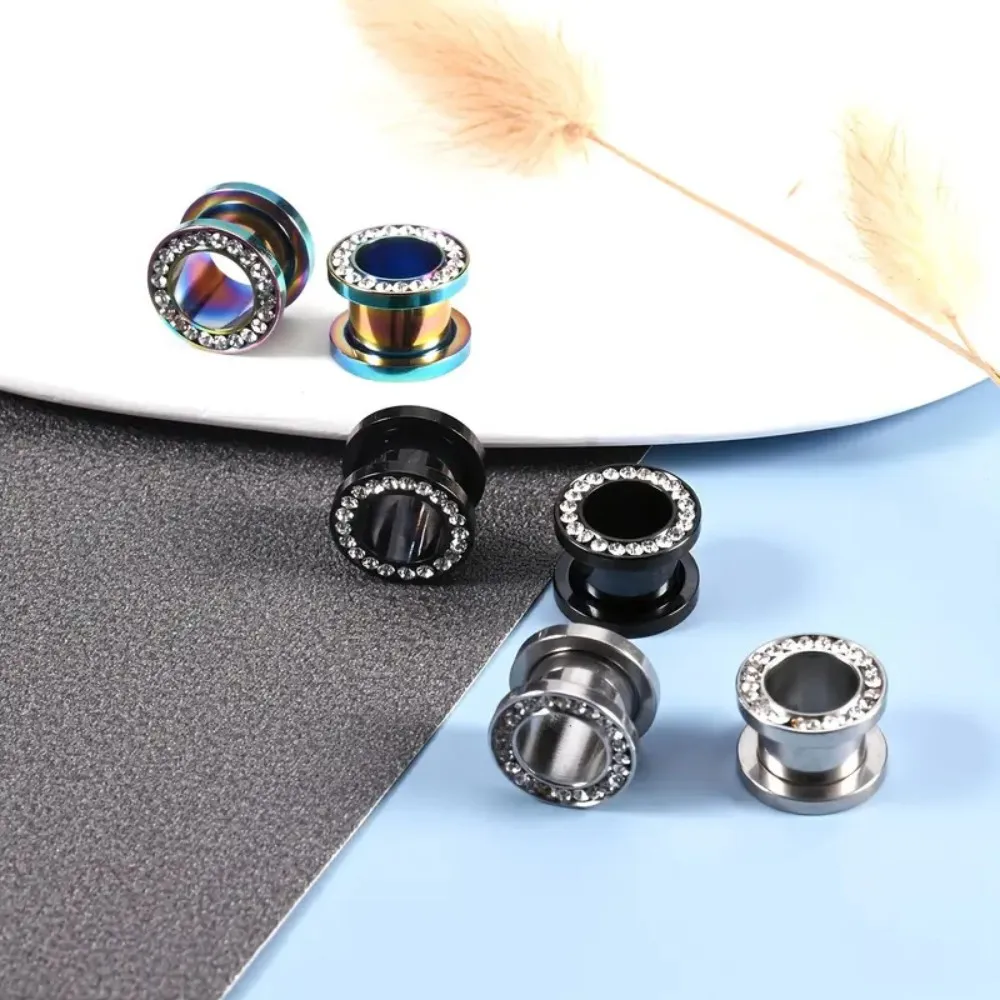 

3 Pairs Elegant Stainless Steel Rhinestone Ear Cuff Set Comfortable Fit Unisex Body Piercing Tunnel Rings Y2K