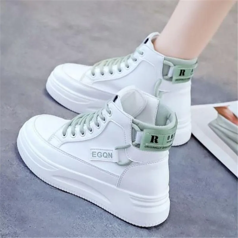 Women Platform Sneakers White High Top Vulcanize Shoes Leather Chunky Casual Shoe Fashion Autumn Leisure Flats Women\'s Sneaker