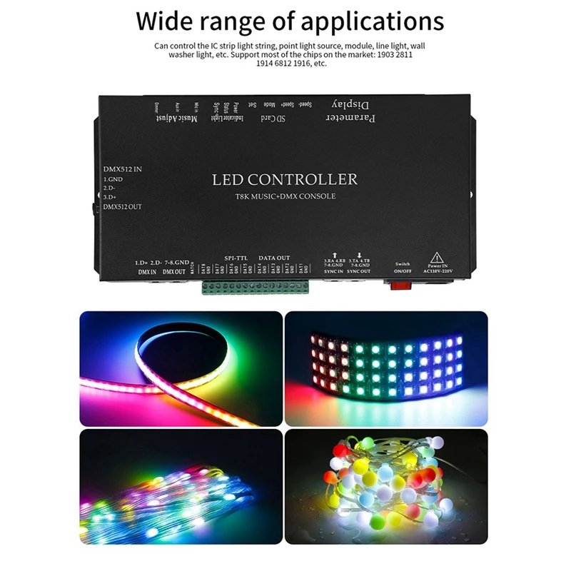 T8K Music+DMX Console 8Channels Port With Mic In/Aux In SPI-TTL Led Strip Light Controller For WS2811 WS2812B