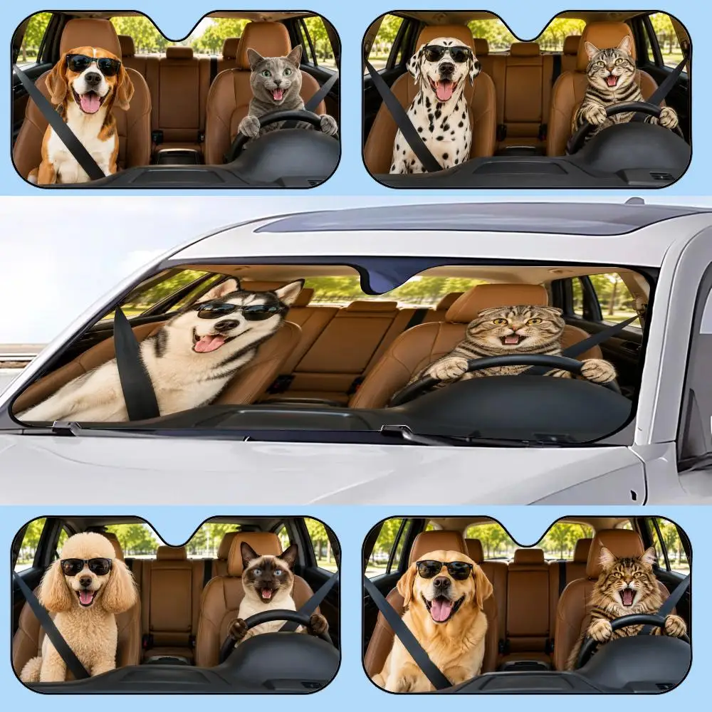Lovely Cats And Dogs Sun Visor Retractable Car Sun Visor Anti-Glare UV Protection Front Window Sunshade