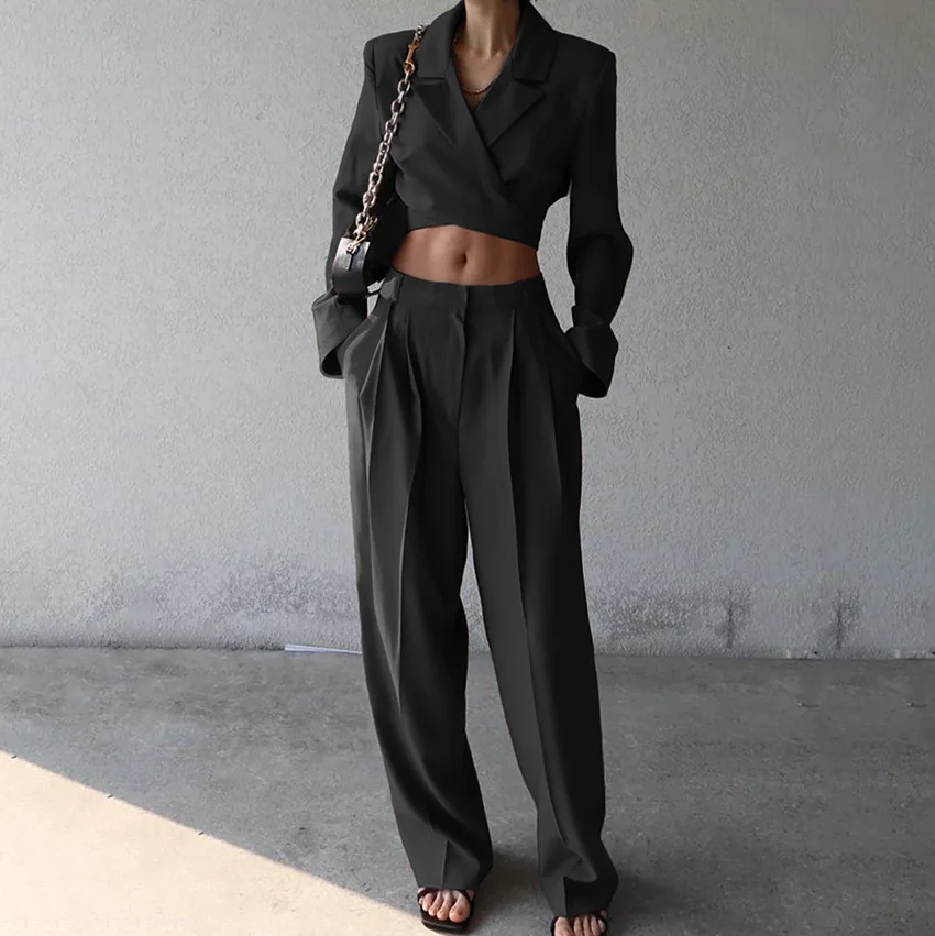 Long Sleeved Short Suit Jacket, High Waist Casual Wide Leg Pants Set, 2025 Design Sense, Temperament, Commuting