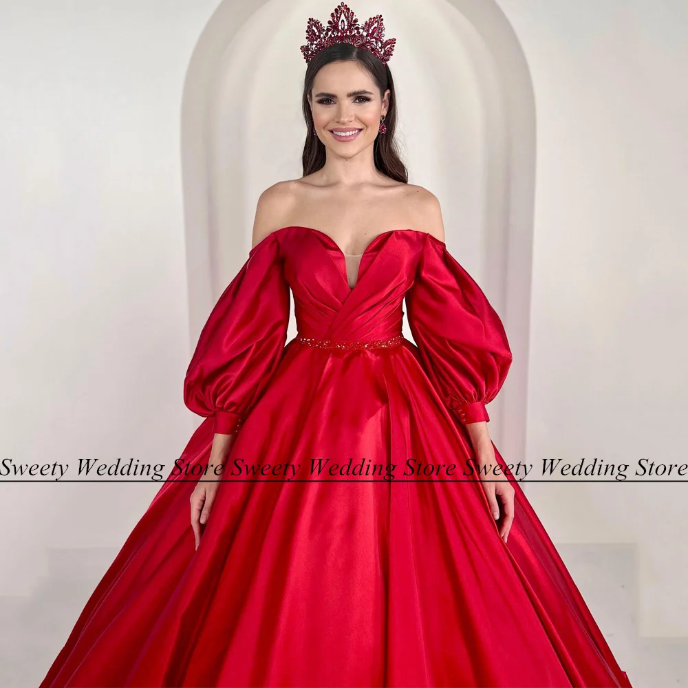 Jiayigong-vestido de novia de satén, corsé rojo personalizado, mangas abullonadas, cinturón plisado con cuentas, Abaya