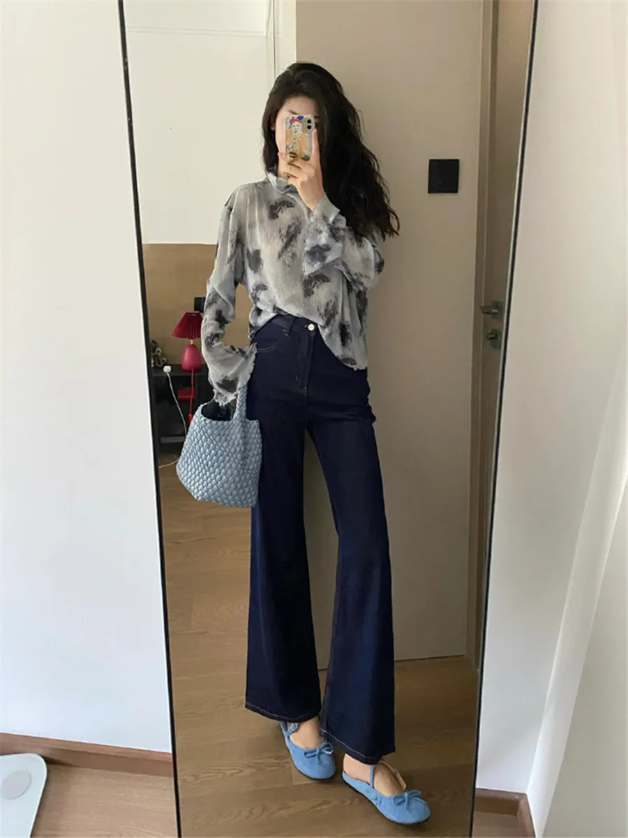 

Retro American Deep Blue Flared Jeans Women's High Waist Slimming Tall Extended Length Versatile Floor-Length Pants