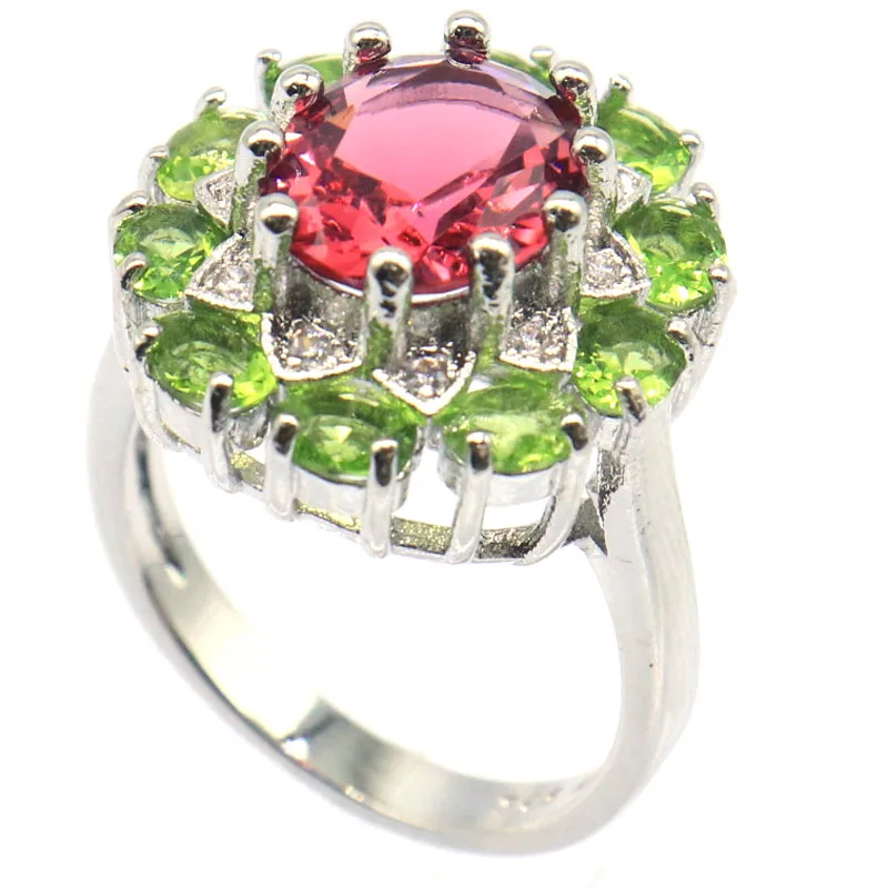 Buy 5 Get 1 Free 18x17mm SheCrown Pink Tourmaline London Blue Topaz Peridot CZ Women Wedding Silver Rings