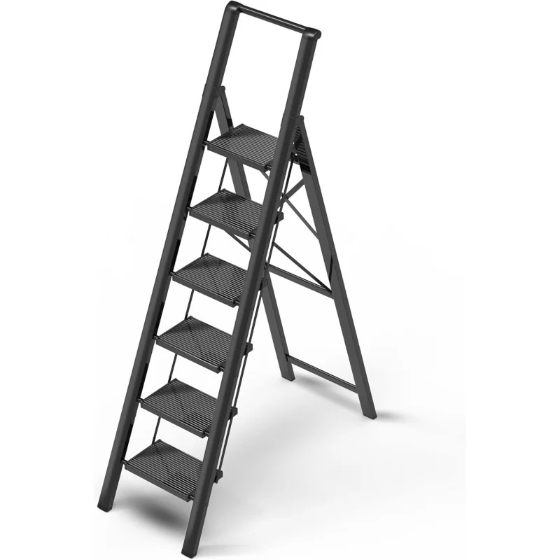 6 Step Ladder for 12 Feet High Ceiling, Lightweight Aluminum Folding Step Stool with Convenient Handgrip