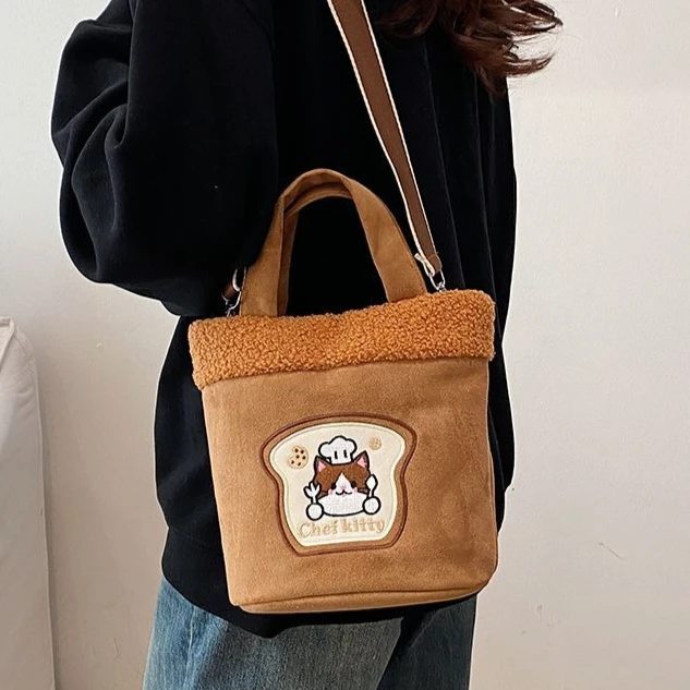 

Осень-зима, милая кавайная вельветовая плюшевая сумка через плечо с котом шеф-повара, большая вместительная сумка через плечо, сумки для хранения, женская сумка, кошелек