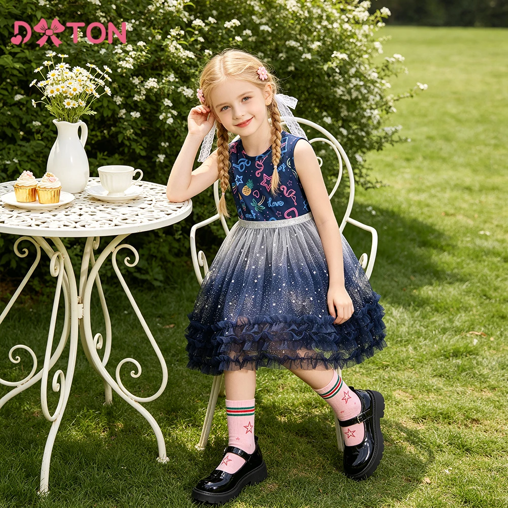DXTON Ärmellose Mädchenkleider mit Sternenmuster, Polyester, Patchwork, Netzstoff, für Kinder, Party, Prinzessinnenkleid, Sommerurlaub, Kinderkleidung