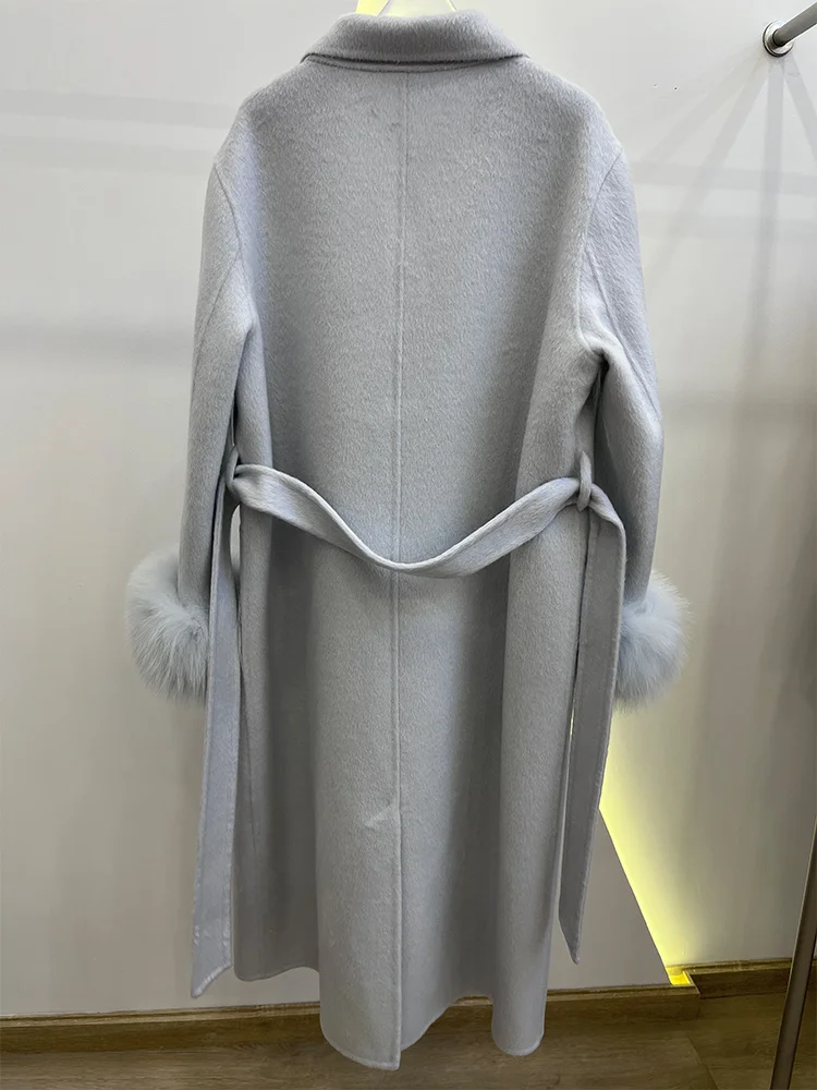Damski długi, gruby, ciepły płaszcz zimowy z wełny z naturalnym futrem z lisa na mankietach, luksusowa kurtka wierzchnia w stylu streetwear, 2025