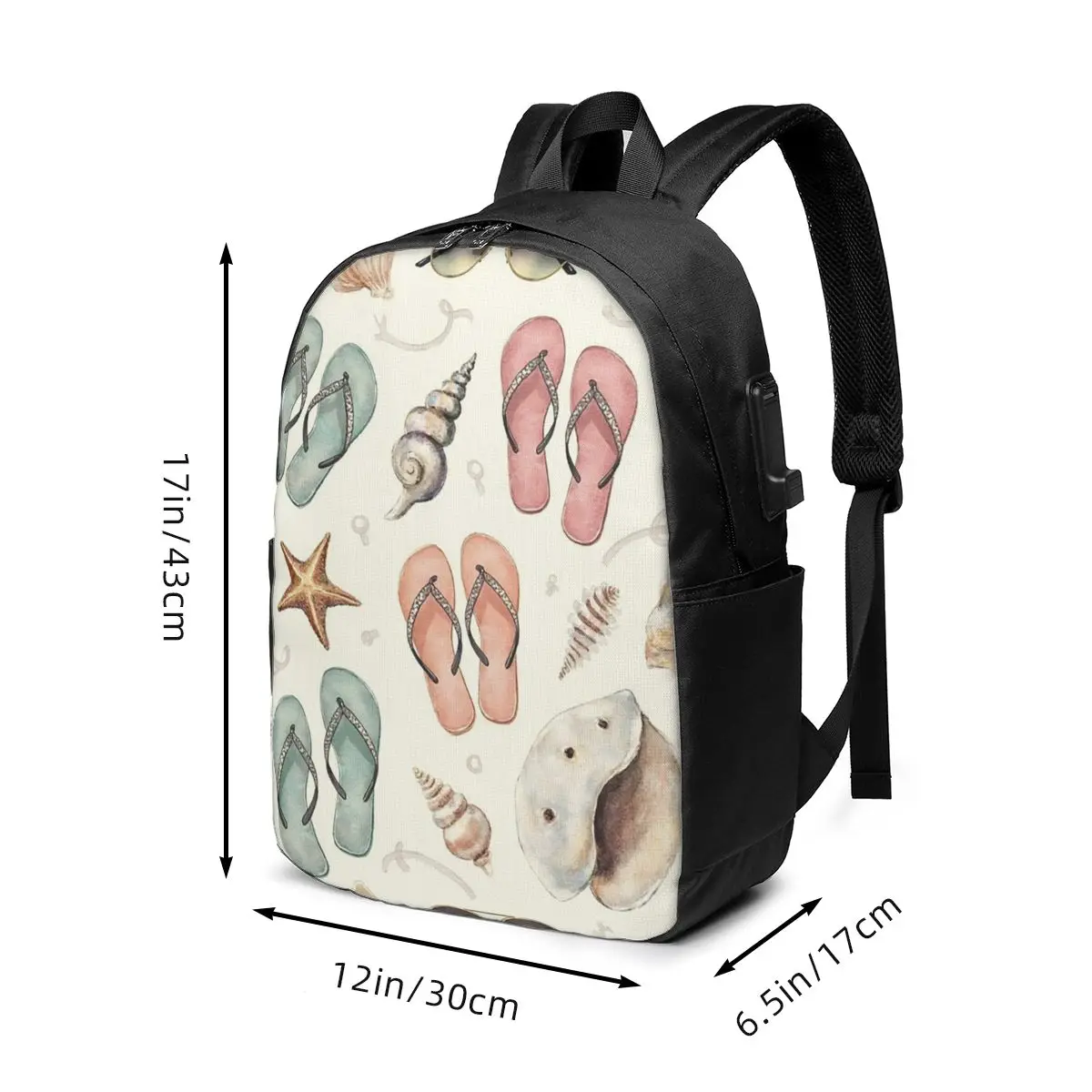 Watercolor Design Flip Flops Beach Backpack Travel Notebook Bag Computer College Student School Bag Laptop Shoulder Bags