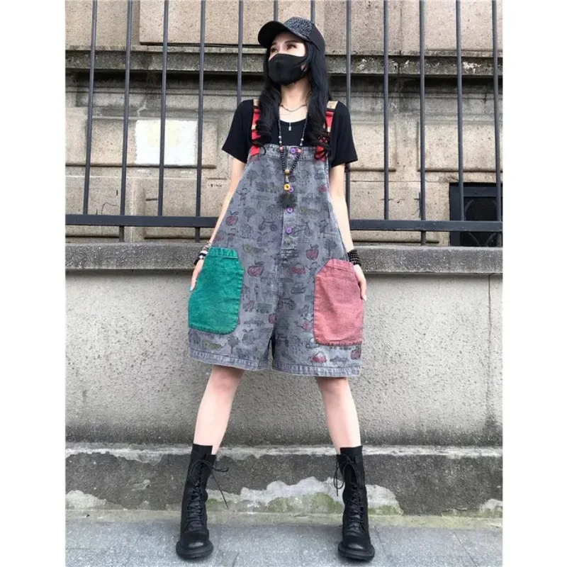 European Personalized Printed Denim Suspenders for Women Summer Flesh-covering Workwear One-piece Wide-leg Trousers