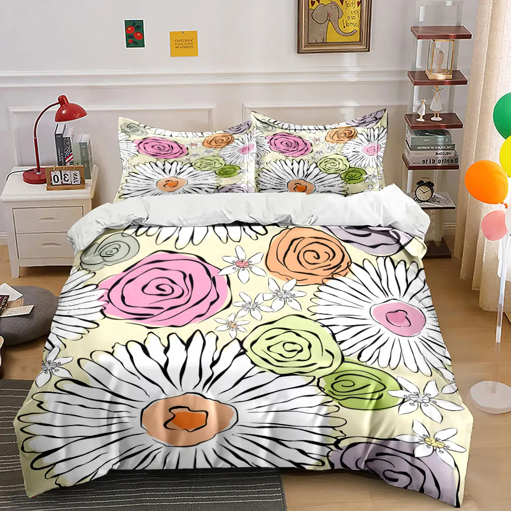 

Minimalist Floral Doodle Design Print Bedding Set 1 Duvet Cover 2 Pillowcases for Adult and Children Luxury Gift Full Size