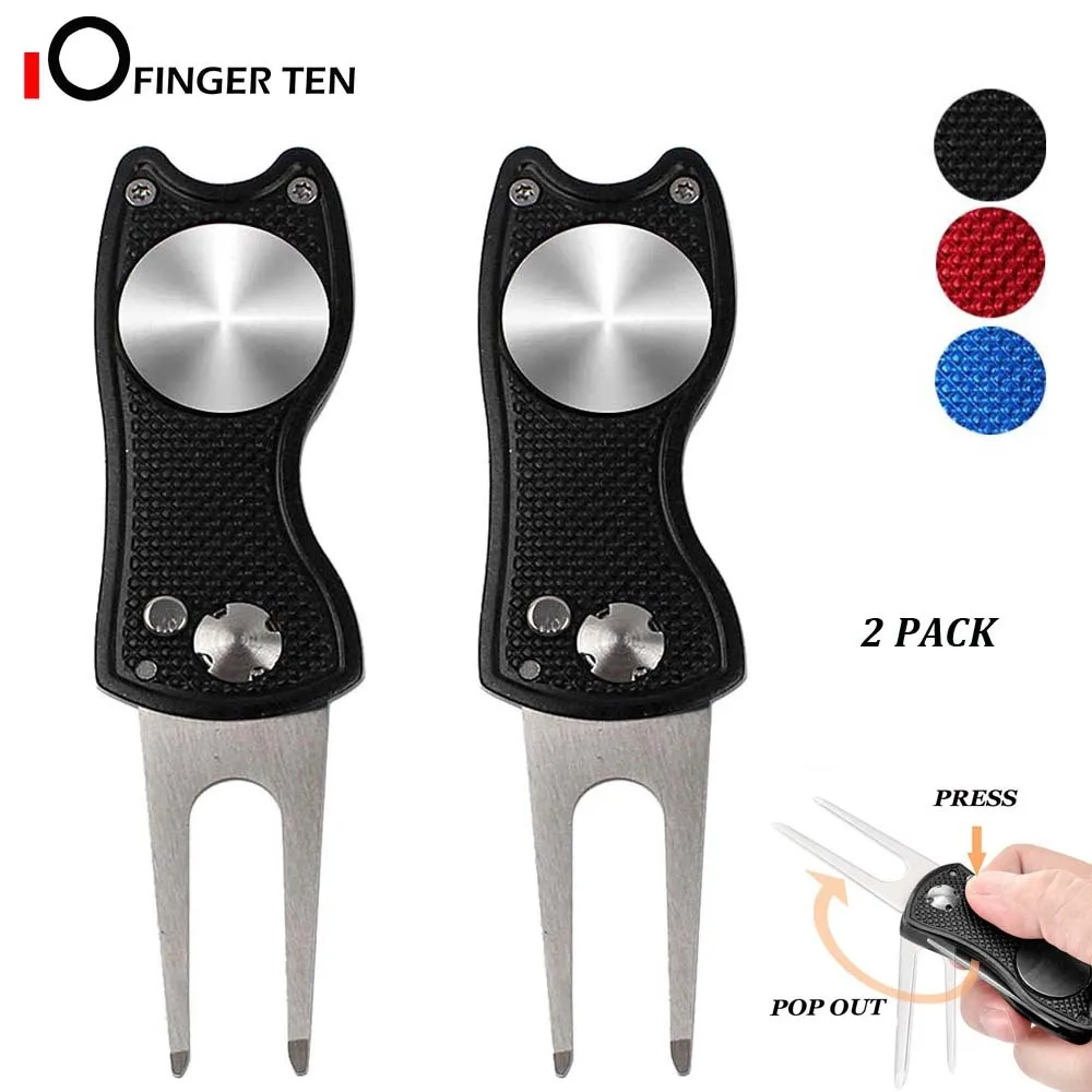 2 Pc Foldable Golf Divot Repair Tools with Magnetic Ball Marker Pop-up Button Stainless Steel Switchblade