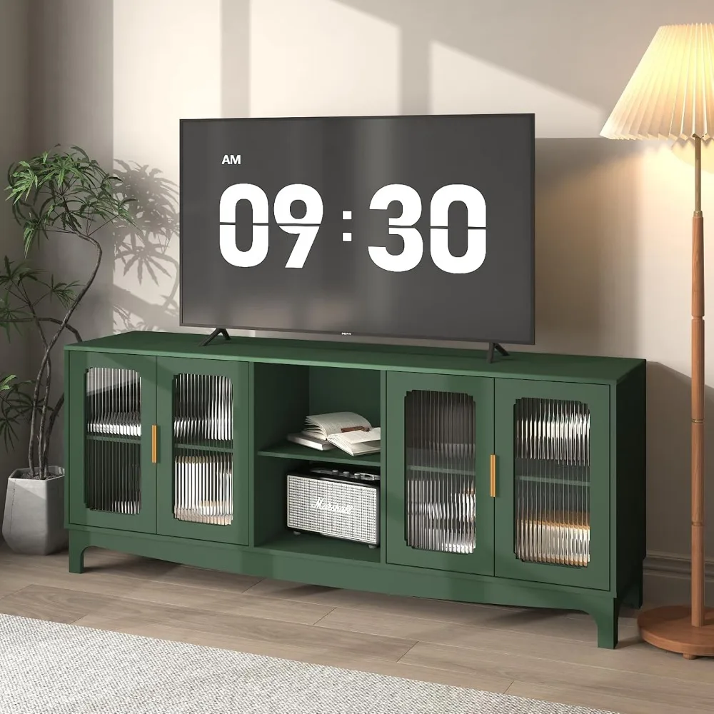 حامل تلفزيون أخضر مقاس 65 بوصة لأجهزة التلفاز حتى 70+ بوصة، طاولة وحدة تحكم تلفزيون بباب زجاجي حديث لمنتصف القرن، مركز ترفيه مع مساحة تخزين #1