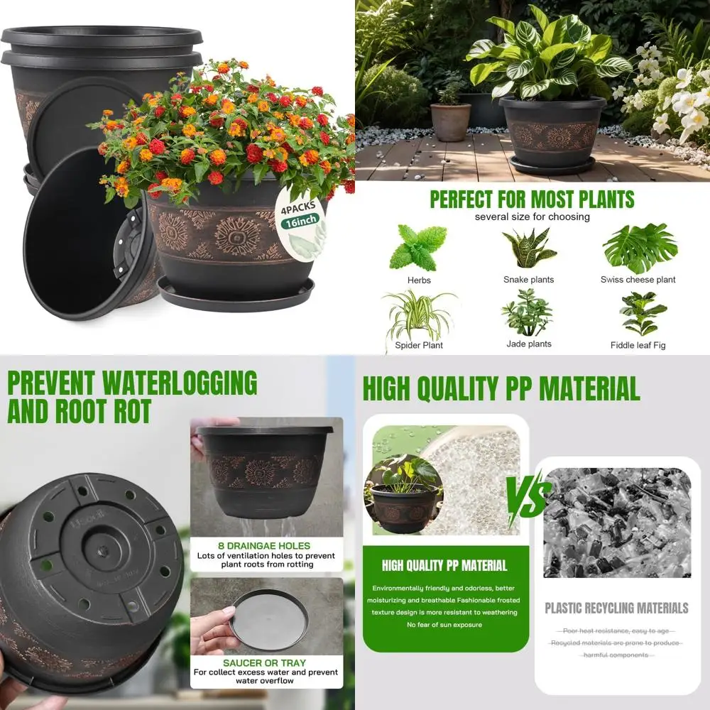 

4 pack 16 inch plant pots, retro pattern planters with drainage holes and saucer, sturdy plastic garden flower pots for indoor &