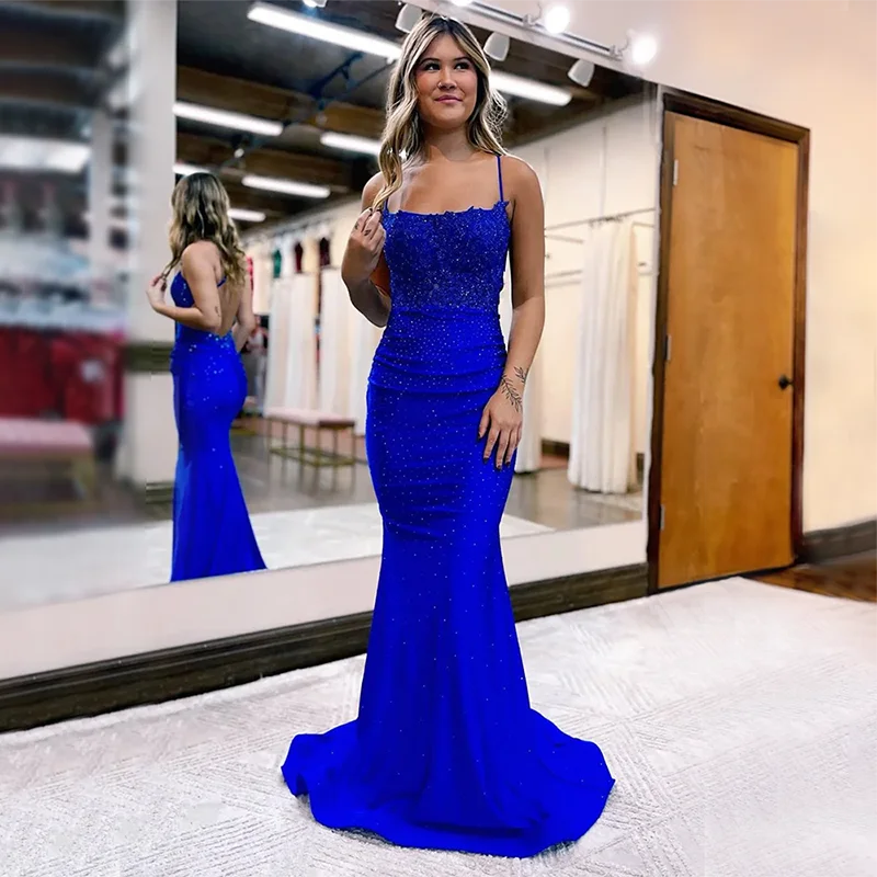 

BLUE Prom Dresses Beaded Satin Lace Appliques Evening Gown Ruched Back Elegant Mermaid Sweep Train Vestido De Noche for Women