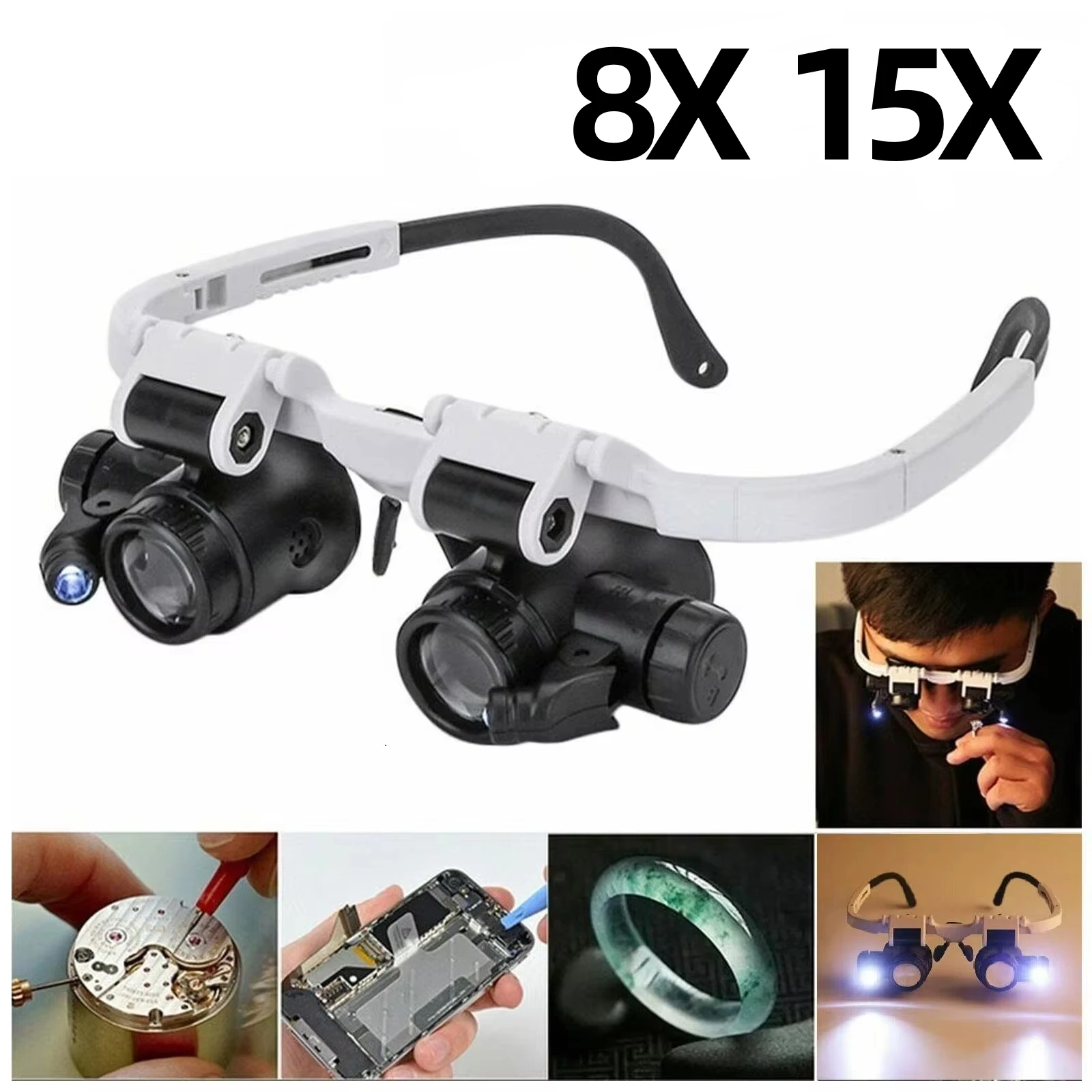 2XLED Watch Jeweler Repair Magnifier Head-Mounted Headband Adjustable Magnifying Head Eye Glasses Loupe Lens 8X 15X