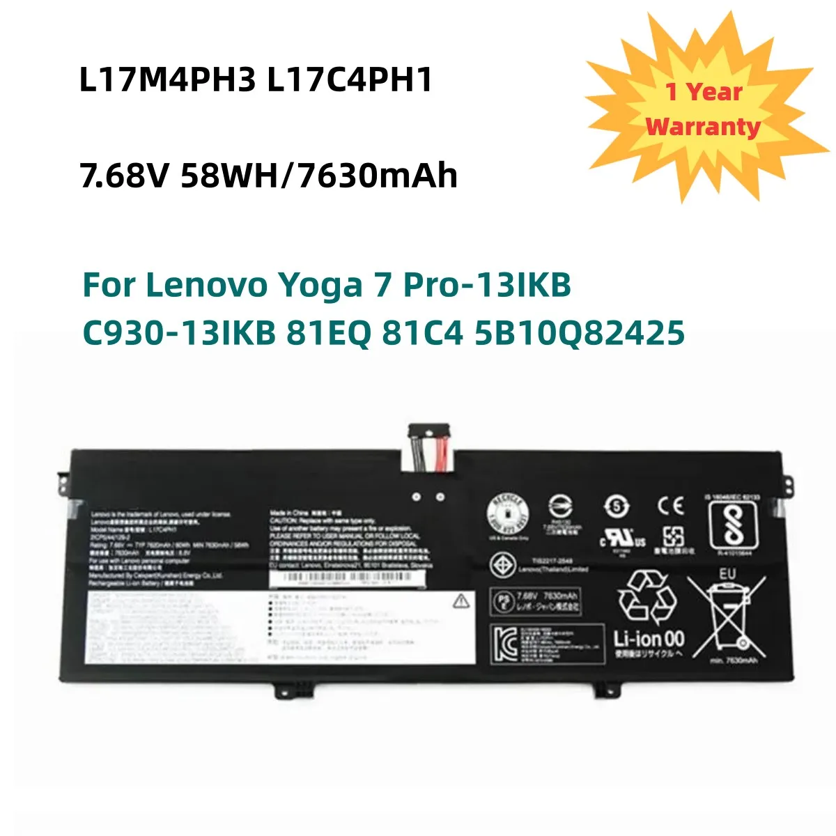 L17M4PH3 L17C4PH1 L17M4PH2 L17M4PH1 Laptop Battery For Lenovo Yoga 7 Pro-13IKB C930-13IKB 81EQ 81C4 5B10Q82425 7.68V 58WH