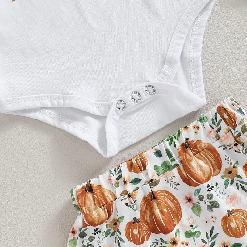 

3Pcs Infant Baby Girl Halloween Outfits Pumpkin Letter Print Romper Bodysuit Ruffle PP Shorts Headband Clothes Set