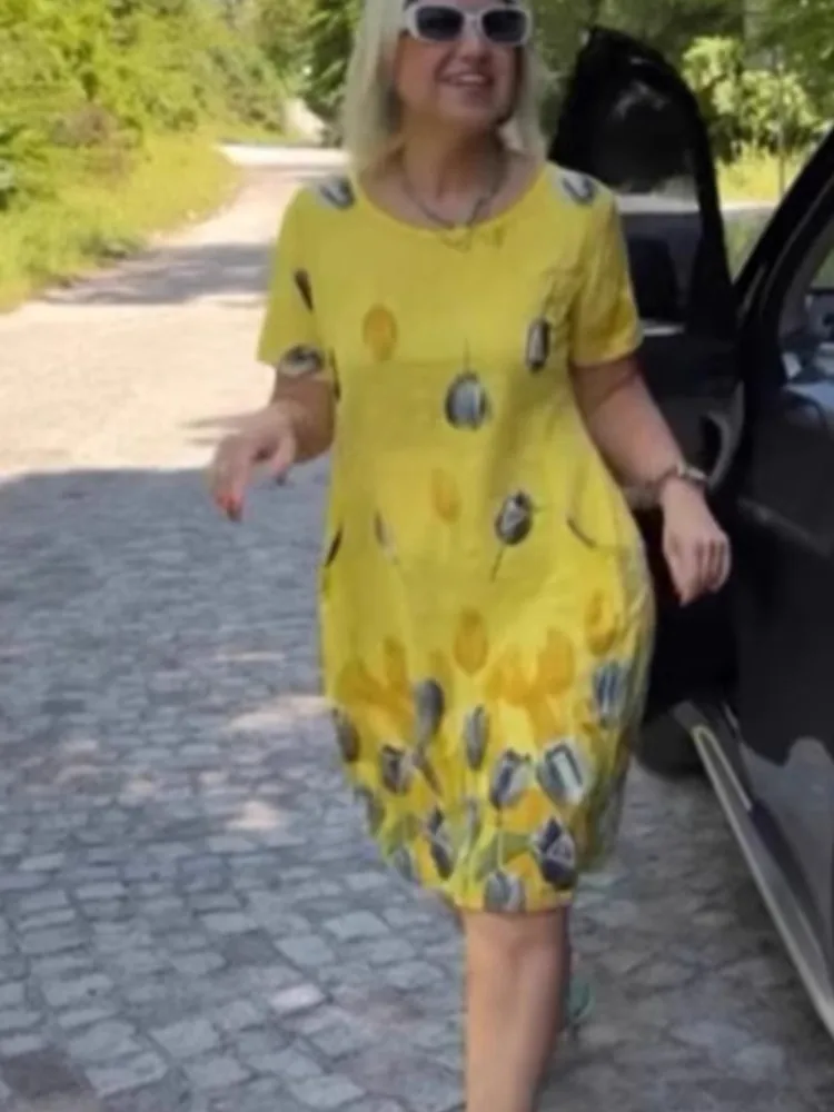 Damen-Kleid mit Blumendruck, lässig, O-Ausschnitt, kurze Ärmel, Pullover, Minikleider für Damen, modisch, Boho-Urlaubsrock, Damenbekleidung