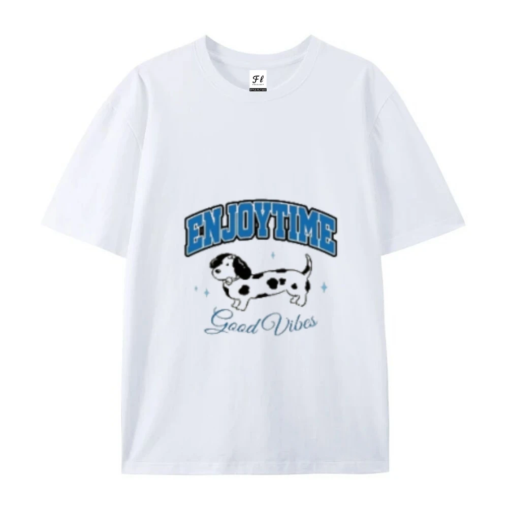 Y2K Cutecore Women's Cotton Tee Playful Enjoy Time Dog Graphic for Daily Wear Positive Vibes Loose Style