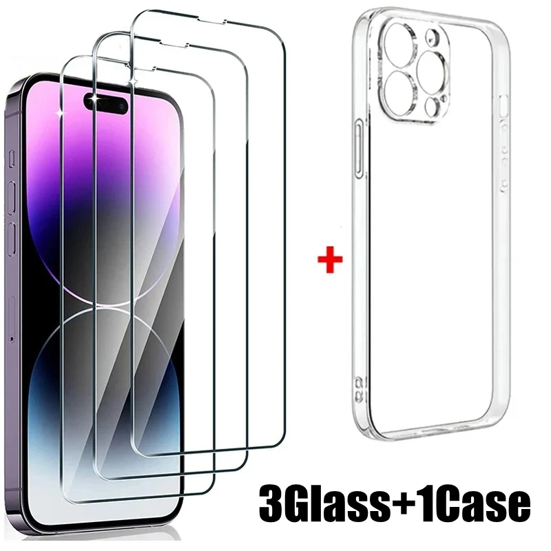 3PCS HD Gehärtetes Glas + 1PC Telefon Fall Set Mahlzeit Für iPhone 15 13 14 12 11 Pro Max 14 15 Plus Screen Protector Schutz Film
