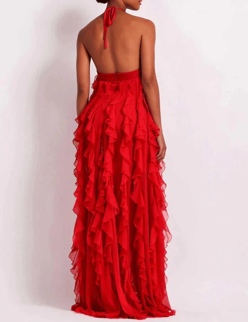 2024 Spring Halter Ruffles Chiffon Prom Dresses Sexy Slit Backless Celebrity Dress Pageant Event Gala Gown Custom Red Maxi Dress