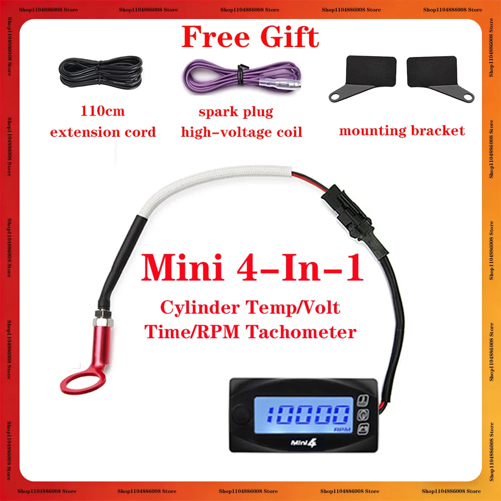 Universal Motorcycles 4 In 1 Cylinder Head Temperature Sensor Moto Cylinder Temperature Gauge Voltmeter Time RPM Tachometer