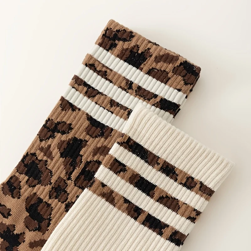 3 Paar Damen-Socken bis zur Mitte der Wade, Frühling und Herbst, trendige lange Socken mit Leopardenmuster, Herbst- und Wintermode, vielseitige, rutschfeste hohe Socken – Detail 8