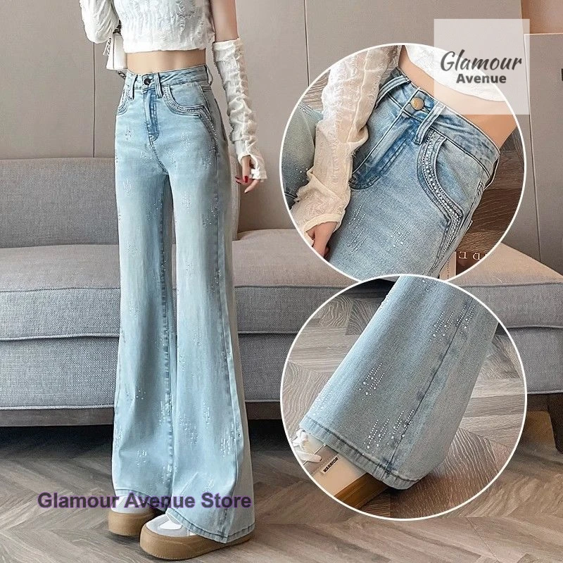 

French style fashion design sense rhinestone pants women's summer new temperament high waist covered leg narrow casual jeans.