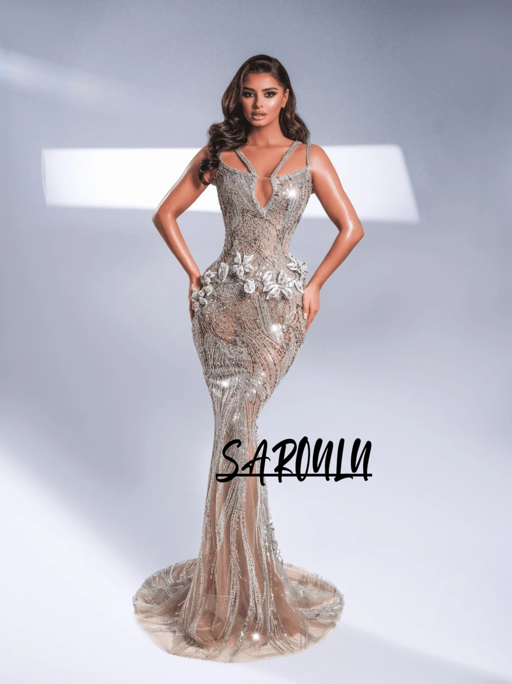 New High-end Handmade Sequin Evening Dress Sexy V Neck Mermaid Unique Luxe Wedding Guest Gown With Floral Detail Customized