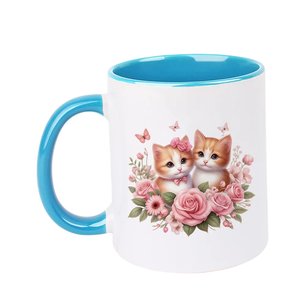 11oz Cute Kitten with Pink Roses Ceramic Coffee Mug for Valentine's Day and birthday Mother’s Day Home Use Holiday Present Birth