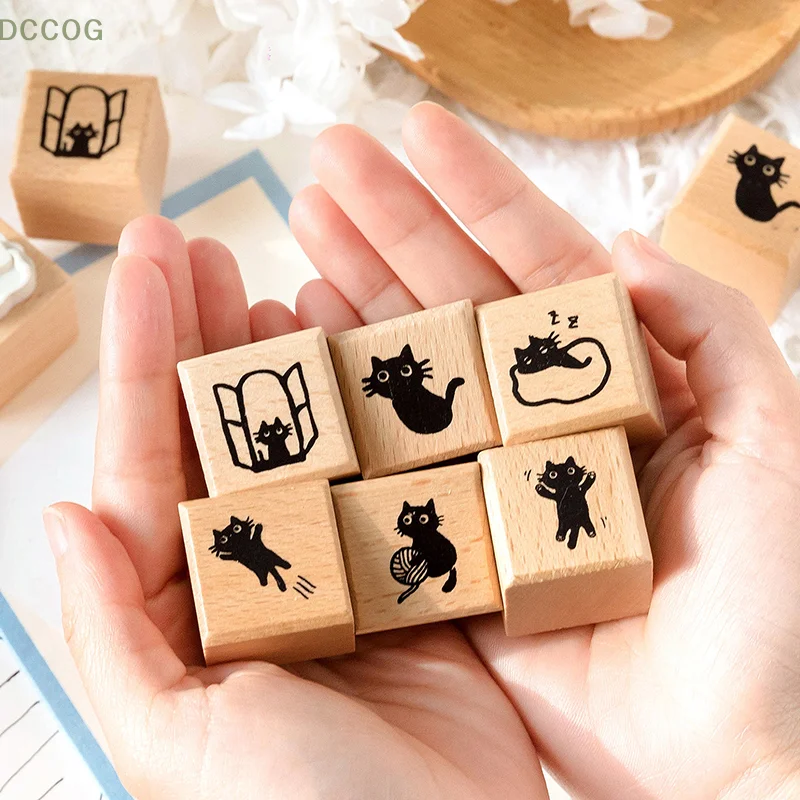 Sello de sello de madera de gato negro, sellos de madera decorativos de gatito lindo para diario, álbum de recortes, letras, fabricación de tarjetas artesanales DIY