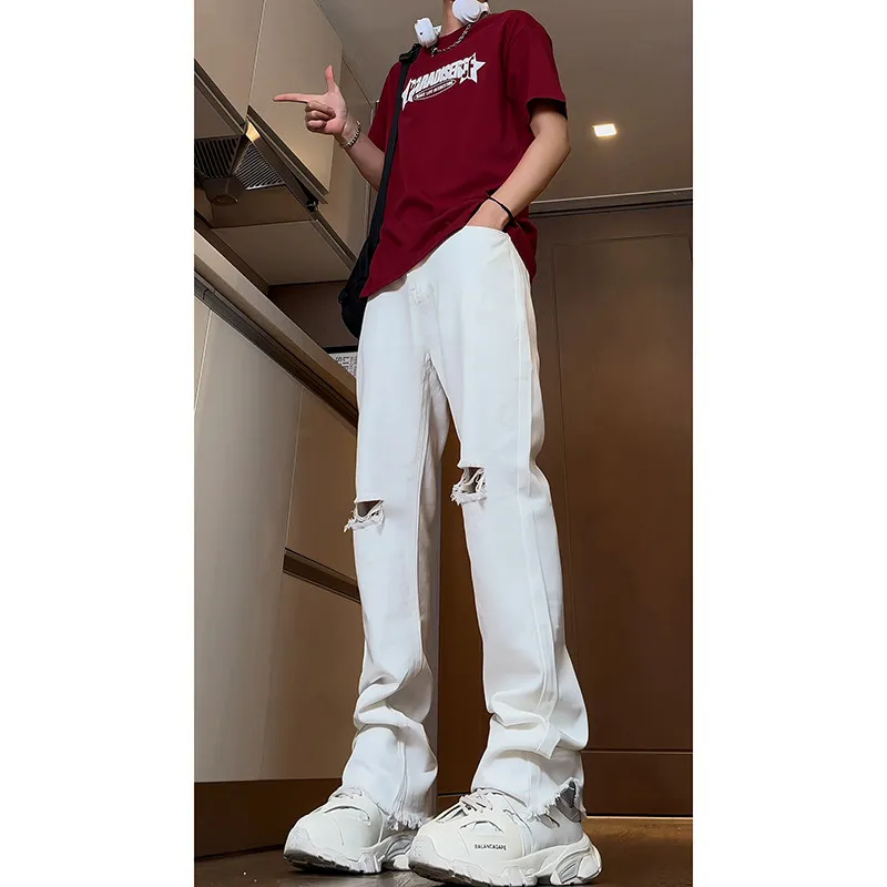 

Мужские джинсы из денима с потертостями и рваными краями, прямые, свободные, удлиненные, в американском стиле High Street, модные, брендовые, для высоких мужчин