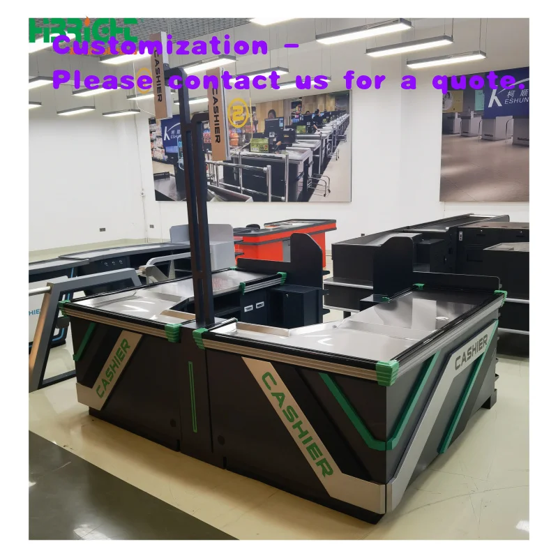 custom.Customized Convenience Store Supermarket Checkout Counter Automatic Conveyor with Cash Box Hole Available in Custom Color