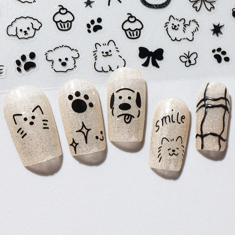 2pcs 3D Cute Silver Smile Dog Decals Y2K Cartoon Cat Footprint Nail Stickers Graffiti Star Heart Bowknot Manicure Slider Decor