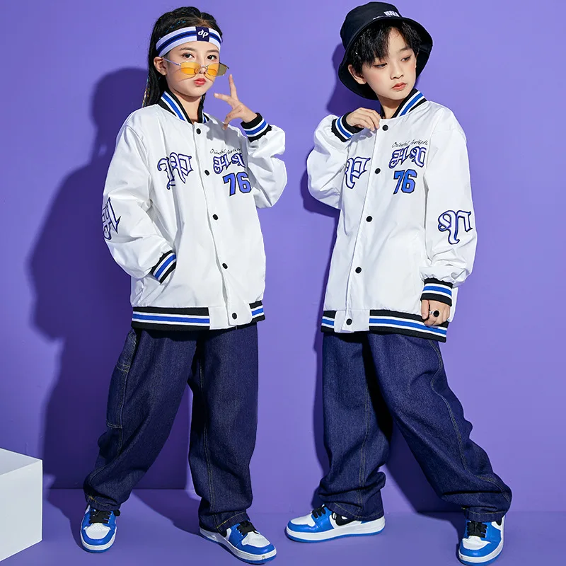 Kid Hip Hop Clothing White Baseball Jacket Cardigan Top Street Denim Baggy Jeans Pants for Girl Boy Jazz Dance Costume Clothes