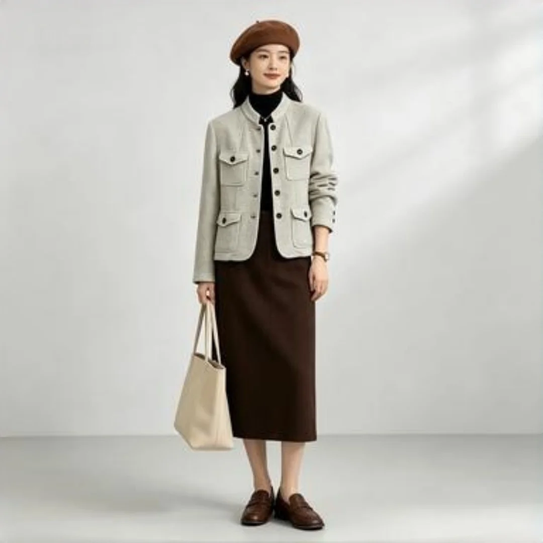 Women's 2026 Autumn Winter New High‑End Gold Button Woven Texture Stand Collar Blazer