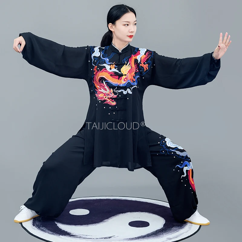 Tai Chi Summer Lightweight Mid-length Performance Costume, Breathable Brocade, Embroidered Qigong Outfit